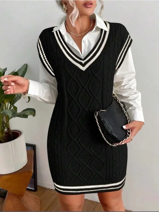 SHEIN Black Knit V-Neck Cable Midi Sweater Dress with White Trim - Picture 1 of 3